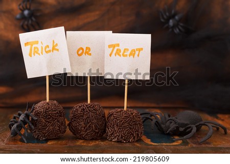 Halloween Sweets brazilian brigadeiro, chocolate candy, spider. Selective focus