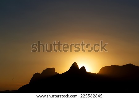 Background sunset mountain Pedra da Gavea, Two brothers, Ipanema, Leblon, Rio de Janeiro. Copy space