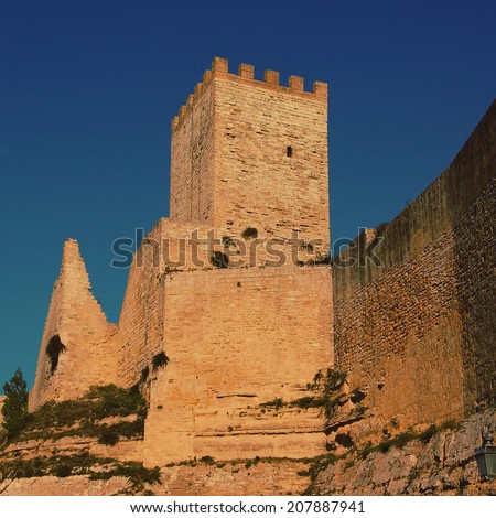 Tower of Lombardy Castle in Enna - instagram effect. Beautiful ruins of Castello di Lombardia in Mediterranean Europe - retro effect photo. Lombardy Castle, Enna, Sicily, Italy.