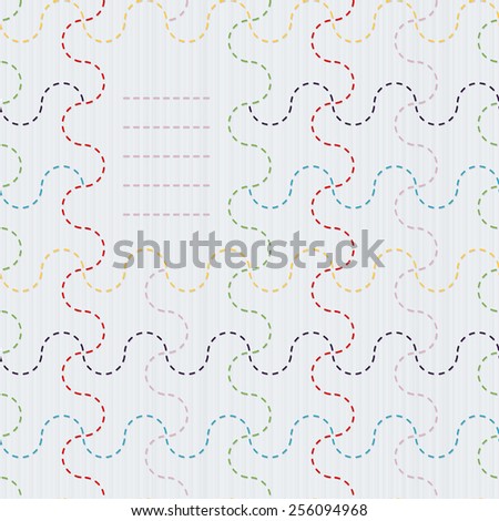 Traditional Japanese Embroidery Ornament with colorful waves and place for text. Text frame. Sashiko motif. Seamless. Abstract backdrop. Needlework texture. Can be used as seamless pattern.