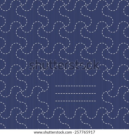 Traditional Japanese Embroidery Ornament with waves and place for your text. Text frame. Sashiko motif. Seamless pattern. Abstract backdrop. Needlework texture. Can be used as seamless pattern.