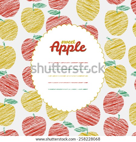 Text frame. Autumn harvest background. Repeating backdrop with scratched apples. Endless fruit texture. Dessert texture. Green and red apple template. Can be used as seamless pattern.