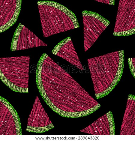 Seamless pattern with scratched watermelon slices, summer harvest background. Endless texture, fruit background. Dessert backdrop. White background template. For web page background. Tropical colors.