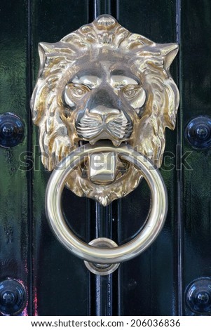 Metal door knocker shaped as a lion head on black door