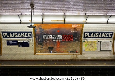PARIS, FRANCE -- 28 SEPTEMBER 2014 -- The Plaisance station, on Line 13 of the Paris metro subway system, opened in 1937. It is located in the 14th arrondissement of the French capital.