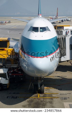 HONG KONG --15 NOVEMBER 2014-- A Boeing 747-800 from Cathay Pacific is parked at a gate at the Hong Kong International Airport (HKG), also known as Chek Lap Kok Airport.