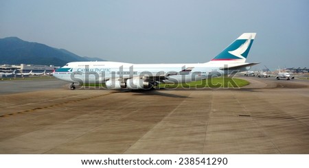 HONG KONG --JULY 2014-- A Boing 747 jumbo jet from Cathay Pacific gets ready for take-off at the Hong Kong International Airport (HKG), located in Chek Lap Kok.
