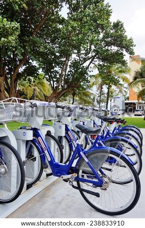 FORT LAUDERDALE - SEPTEMBER 2014 - Broward B-Cycle shared bikes are lined up in the streets of Fort Lauderdale, Florida.