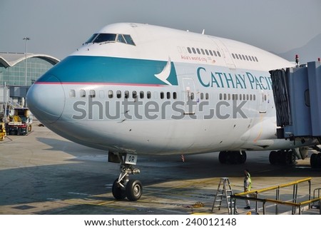 HONG KONG --NOVEMBER 2014-- A Boeing 747-400 from Cathay Pacific is parked at a gate at the Hong Kong International Airport (HKG), also known as Chek Lap Kok Airport.
