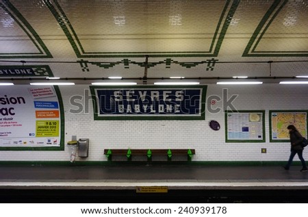 PARIS, FRANCE -- DECEMBER 2014 -- The Sevres-Babylone station, on Line 10 and 12 of the Paris metro subway system, opened in 1910. It is located in the 7th arrondissement of the French capital.