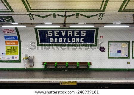PARIS, FRANCE -- DECEMBER 2014 -- The Sevres-Babylone station, on Line 10 and 12 of the Paris metro subway system, opened in 1910. It is located in the 7th arrondissement of the French capital.