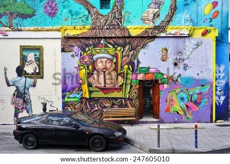 LIMASSOL, CYPRUS--4 JANUARY 2015-- Colorful graffiti art line the street walls and back alleys of Nicosia, Larnaca and Limassol in Cyprus.
