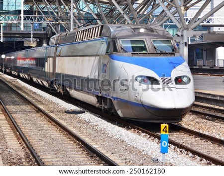 SEOUL, SOUTH KOREA -- CIRCA JANUARY 2015-- High-speed bullet trains (KTX) and Korail trains stop at the Seoul station in South Korea.