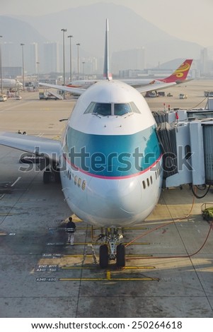 HONG KONG --10 JANUARY 2015-- A Boeing 747-800 from Cathay Pacific is parked at a gate at the Hong Kong International Airport (HKG), also known as Chek Lap Kok Airport.