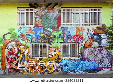 SEOUL, SOUTH KOREA --20 January 2015-- Painted walls and graffiti art are scattered in the streets of the Hongdae district of Seoul, near Hongik university.