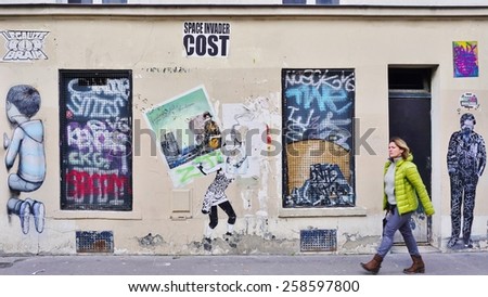 PARIS, FRANCE -26 FEBRUARY 2015- Editorial: Colorful graffiti art line the street walls and back alleys of the Butte-aux-Cailles neighborhood in the 13th arrondissement of the French capital.