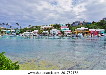 FLATTS, BERMUDA -15 FEBRUARY 2015- Editorial: The colorful village of Flatts, in the British Overseas Territory of Bermuda, is built around the Harrington Sound lagoon and the Flatts inlet.