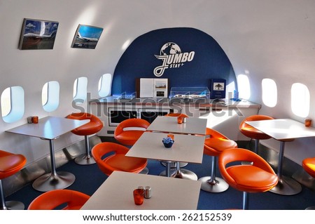ARLANDA, SWEDEN -17 MAY 2014- Editorial: JumboStay is a unique hostel built inside a decommissioned Boeing 747-200, including cockpit and reactors, at the Arlanda airport near Stockholm.