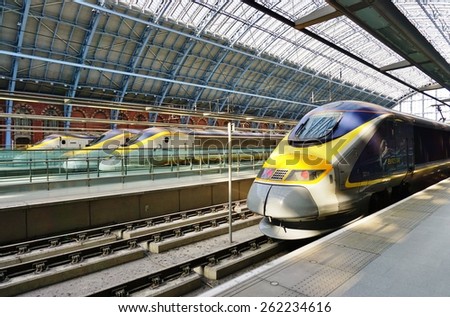 LONDON, ENGLAND -11 MARCH 2015- Editorial: The Eurostar high-speed bullet train, which connects Paris Gare du Nord to London St. Pancras station, celebrated its 20th anniversary in November 2014.