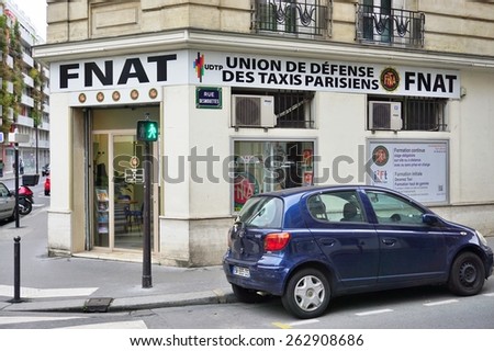 PARIS, FRANCE -10 MARCH 2015- Editorial: Paris taxi drivers and their unions have lobbied strongly to outlaw some car-sharing services offered by Uber in the French capital.