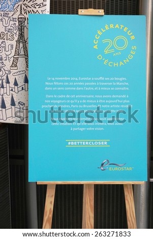 PARIS, FRANCE -11 MARCH 2015- Editorial: The Eurostar high-speed bullet train, which connects Paris Gare du Nord to London St. Pancras station, celebrated its 20th anniversary in November 2014.