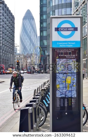 LONDON, ENGLAND -12 MARCH 2015- Editorial: Shared bikes are lined up in the streets of London. Barclays Cycle Hires, launched in July 2010, has over 740 stations and 11,500 bikes throughout London.