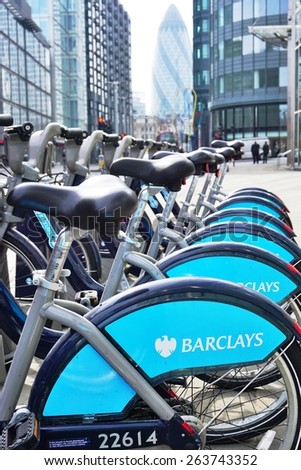 LONDON, ENGLAND -12 MARCH 2015- Editorial: Shared bikes are lined up in the streets of London. Barclays Cycle Hires, launched in July 2010, has over 740 stations and 11,500 bikes throughout London.
