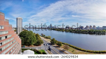 CAMBRIDGE, MA -CIRCA OCTOBER 2013- Editorial: A panoramic view of Boston along the Charles River taken from Memorial Drive in Cambridge near the Massachusetts Institute of Technology (MIT) campus.