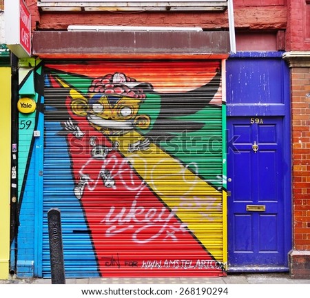 LONDON, ENGLAND -25 JAN 2013- Editorial: Painted walls and graffiti art are scattered in the Old Street, Brick Lane and Shoreditch area in East London in the heart of Banglatown.