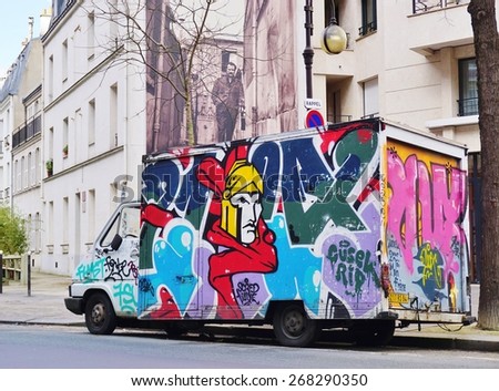 PARIS, FRANCE -26 FEBRUARY 2015- Editorial: Paris has become one of the European capitals for graffiti street art. Many delivery trucks are spray painted with colorful graffiti tags.