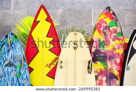 PAIA HI 30 MARCH 2015 Colorful surfboards are lined up in the streets of Maui Hawaii is the birthplace of modern surfing and home to the world's major big wave surfing competitions PAIA HI 30 MARCH 2015 Colorful surfboards are lined up in the streets of Maui Hawaii is the birthplace of modern surfing and home to the world's major big wave surfing competitions