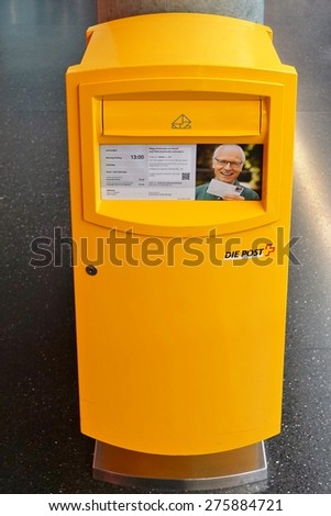 ZURICH, SWITZERLAND -30 APRIL 2015- A yellow mailbox from Swiss Post, the public postal service in Switzerland.