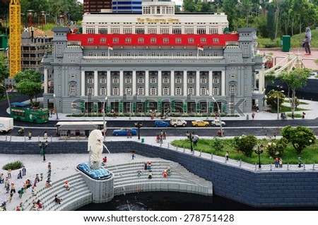 JOHOR, MALAYSIA -3 AUGUST 2015- Scenes from the city-state of Singapore built out of Lego bricks at the Miniland attraction in Legoland Malaysia, opened in 2012.