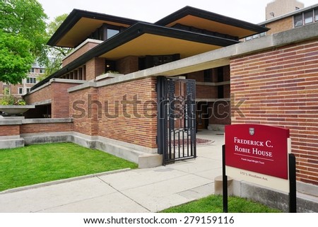 CHICAGO, IL -14 May 2015- Built in 1910, the Frederick C. Robie House, designed by American architect Frank Lloyd Wright, is located on the campus of the University of Chicago.