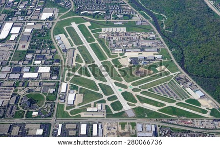 WHEELING, IL -13 MAY 2015- An aerial view of the Chicago Executive Airport (PWK), formerly Palwaukee Municipal Airport, the third busiest airport in Illinois.