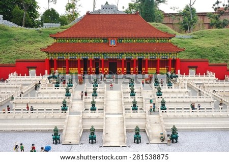 JOHOR, MALAYSIA -3 AUGUST 2014- Scenes from the Forbidden City in Beijing and the Great Wall of China built out of Lego bricks at the Miniland attraction in Legoland Malaysia, opened in 2012.