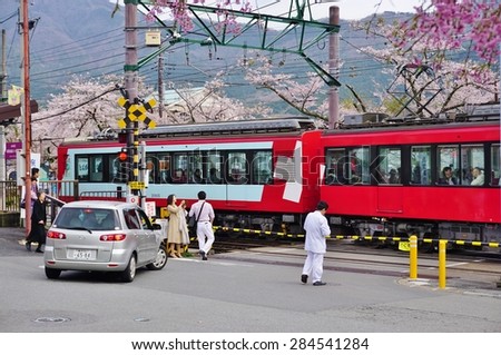 HAKONE, JAPAN -12 April 2015- Tourists can visit Hakone, a thermal spa town at the bottom of Mount Fuji, by using the Hakone Tozan railway and cable car, managed by the Odakyu Group.