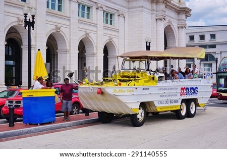 WASHINGTON DC -25 MAY 2015- A DC Ducks duck tour amphibious vehicle standing in front of Union Station in Washington DC.