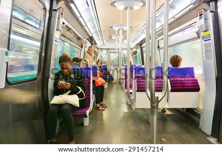 PARIS, FRANCE -15 JUNE 2015- Inside a car of the Paris metro subway.