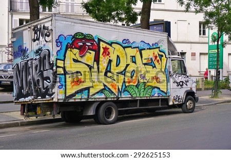 PARIS, FRANCE -26 FEBRUARY 2015- Paris has become one of the European capitals for graffiti street art. Many delivery trucks are spray painted with colorful graffiti tags.
