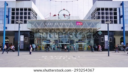RENNES, FRANCE -14 JUNE 2015- The Gare de Rennes train station in the Brittany capital is a major train hub for Western France. TGV high speed trains connect Rennes to Paris in 2 hours.