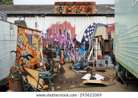 RENNES, FRANCE -14 JUNE 2015- L\'Elaboratoire is an artists squat in the eastern area of Rennes, the capital of Brittany in France. Colorful graffiti street art lines its walls.