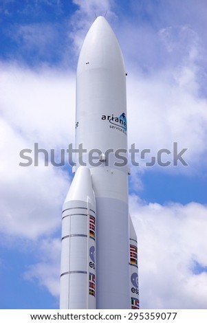 PARIS, FRANCE -20 JUNE 2015- The Arianespace 5 European rocket is on display at the 2015 Salon du Bourget airshow in Paris.