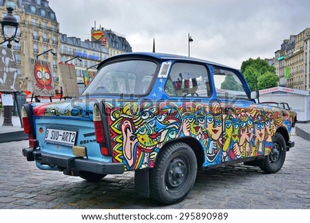 PARIS, FRANCE -20 JUNE 2015- Art Liberte du Mur de Berlin au Street Art exhibits street art and painted Trabant cars around the Gare de Est railway station in the 10th arrondissement of Paris.