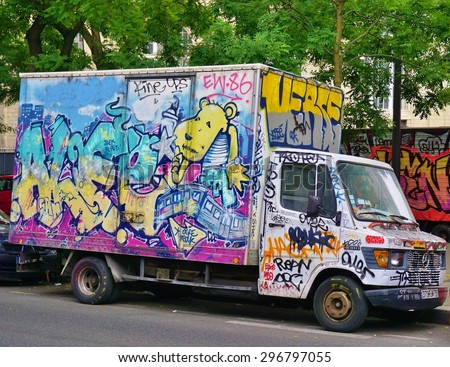 PARIS, FRANCE -20 JUNE 2015- Paris has become one of the European capitals for graffiti street art. Many delivery trucks are spray painted with colorful graffiti tags.