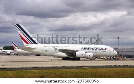PARIS, FRANCE -13 JULY 2015- An Airbus A380 from the French airline Air France is getting ready for take off at the Roissy Charles de Gaulle International Airport (CDG) near Paris, France.