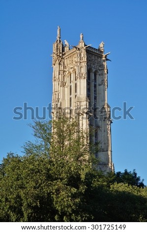 PARIS, FRANCE -8 JULY 2015- View of La Tour Saint Jacques (Saint Jacques tower), a Gothic monument located on rue de Rivoli in the 4th arrondissement of Paris.