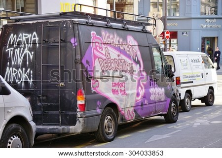 PARIS, FRANCE -8 JULY 2015- Paris has become one of the European capitals for graffiti street art. Many delivery trucks and vans are spray painted with colorful graffiti tags.