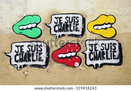 PARIS, FRANCE -16 JUNE 2015- Je Suis Charlie graffiti street art in the French capital. Paris has become one of the European centers for street art.