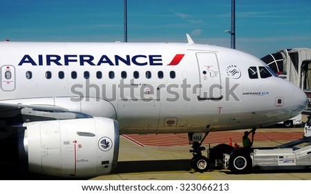 ROISSY, FRANCE -10 AUGUST 2015- An Airbus A319 jet airplane from Air France KLM (AF) is parked at the gate at the Roissy Charles de Gaulle International Airport (CDG) near Paris, France.